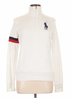 Ralph Lauren White Half-Zip Turtleneck Pullover with Navy & Red Stripe
